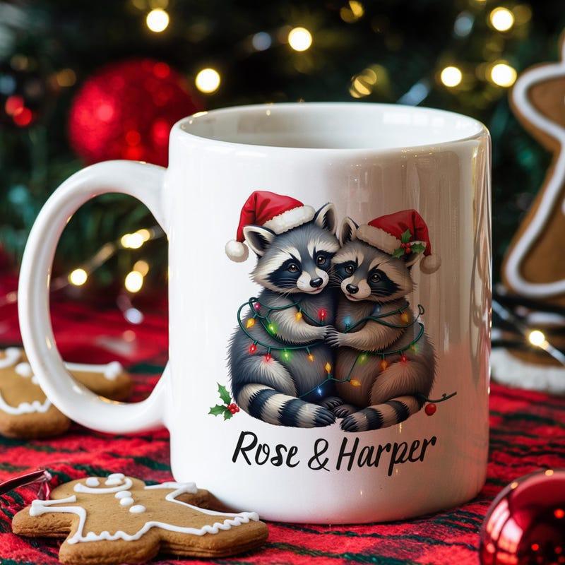 Tailorly White Ceramic 11 oz Mug - Rose Harper Adorable Festive Raccoons Wrapped In Twinkling Christmas Lights Raccoon