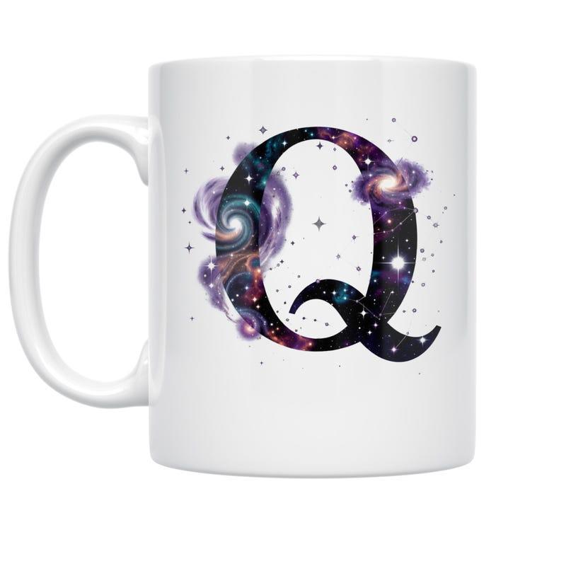 Tailorly White Ceramic 11 oz Mug - Q Glowing Cosmic Nebula Stars And Swirling Purple Space Galaxy Letter Q