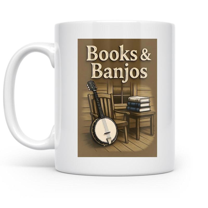 Tailorly White Ceramic 11 oz Mug - Books Banjos Vintage Rustic Wooden Porch Setting With Stacks Of Old Novels Banjo