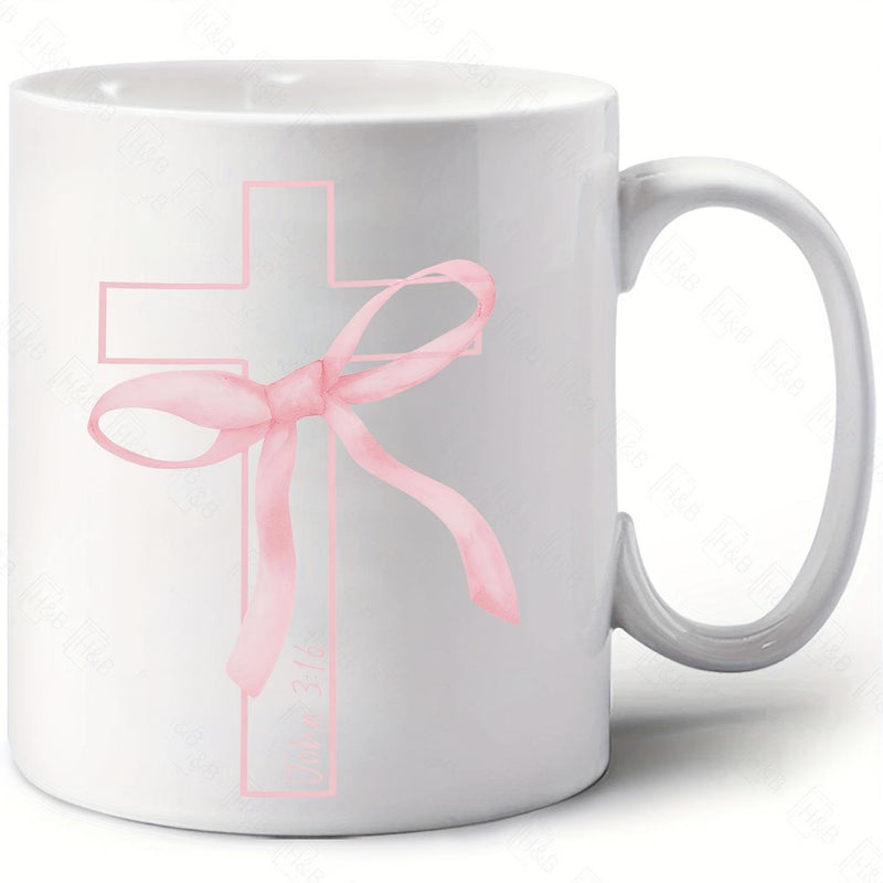 Tailorly White Ceramic 11 oz Mug - Simple Elegant Pink Outline With Silk Ribbon Bow Tied Around Central Cross