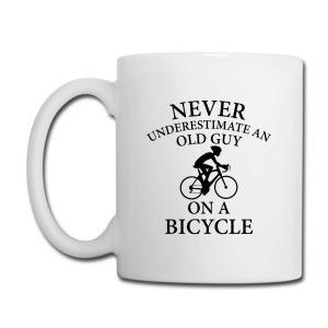 Tailorly White Ceramic 11 oz Mug - Never Underestimate An Old Guy On A Bicycle Minimalist Black Silhouette Featuring A Passionate Male Cyclist Riding Fast Bicycle