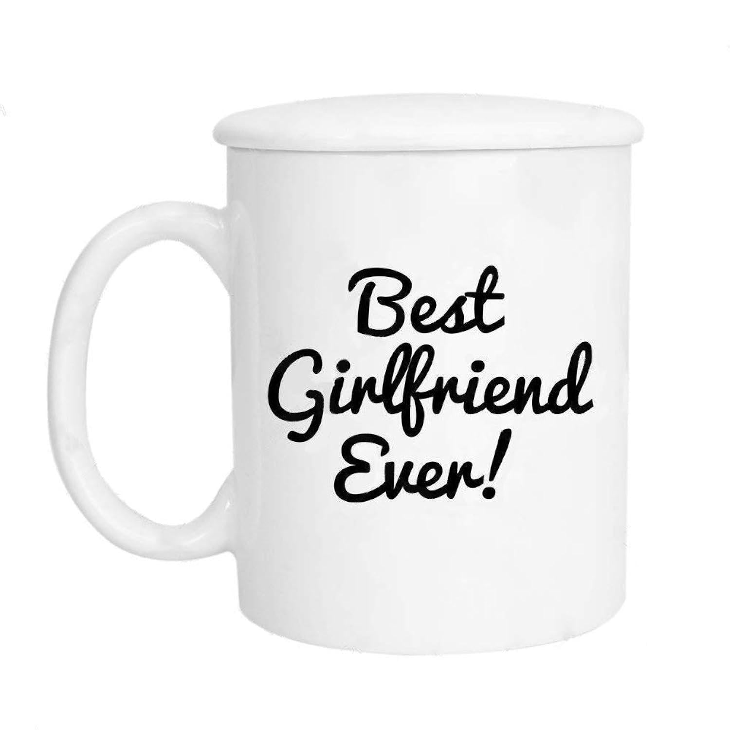 Tailorly White Ceramic 11 oz Mug - Best Girlfriend Ever Minimalist White Ceramic Vessel With Smooth Handle And Round Lidded Mug