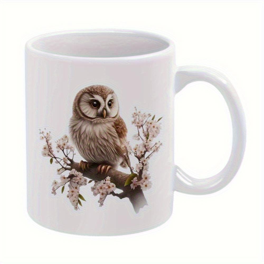 Tailorly White Ceramic 11 oz Mug - Serene Brown Owl Resting On Flowering Pink Cherry Blossom Branch Owl