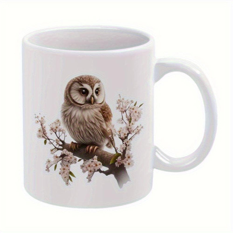 Tailorly White Ceramic 11 oz Mug - Serene Brown Owl Resting On Flowering Pink Cherry Blossom Branch Owl