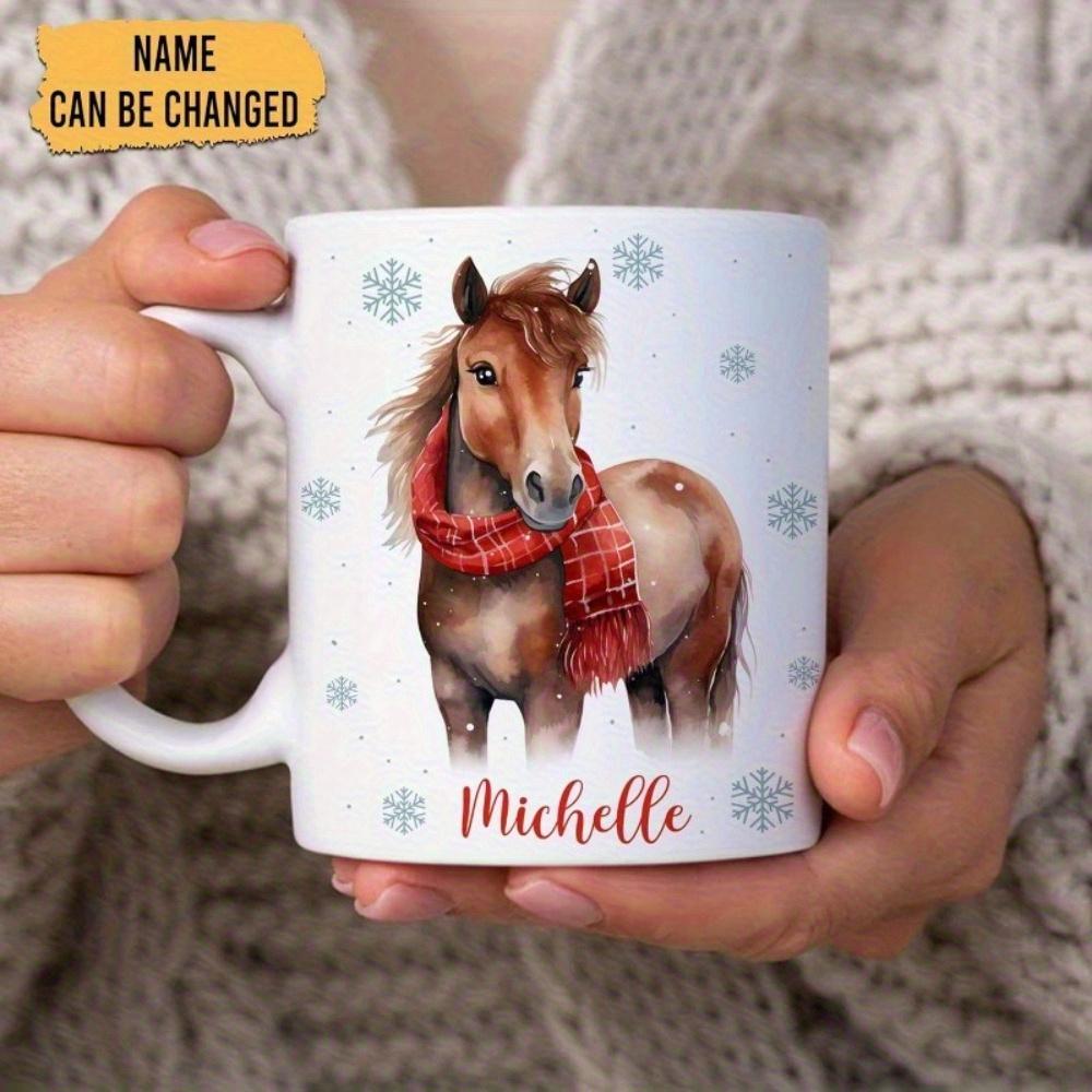 Tailorly White Ceramic 11 oz Mug - Michelle Beautiful Brown Pony Wearing Red Plaid Scarf Among Falling Blue Snowflakes Horse
