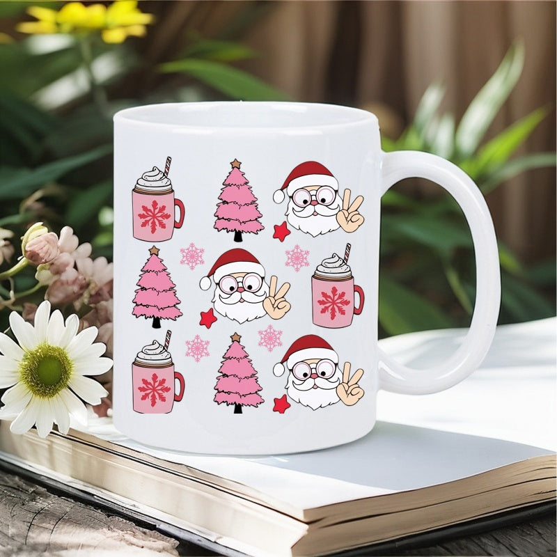 Tailorly White Ceramic 11 oz Mug - Pink Christmas Trees And Santa Claus Faces With Hot Cocoa Mug