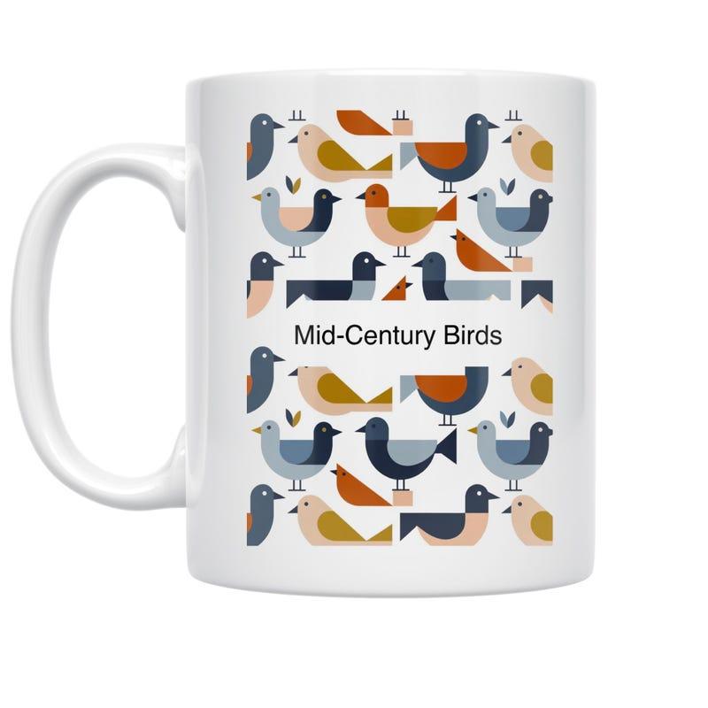 Tailorly White Ceramic 11 oz Mug - Mid Century Birds Minimalist Geometric Stylized Avian Pattern Floating In Orderly Rows Birds