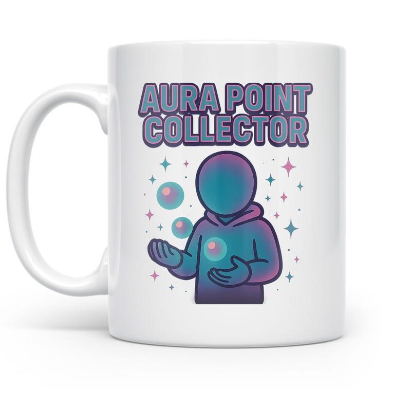 Tailorly White Ceramic 11 oz Mug - Aura Point Collector Stylized Faceless Figure With Hoodie Among Floating Bubbles And Stars Character