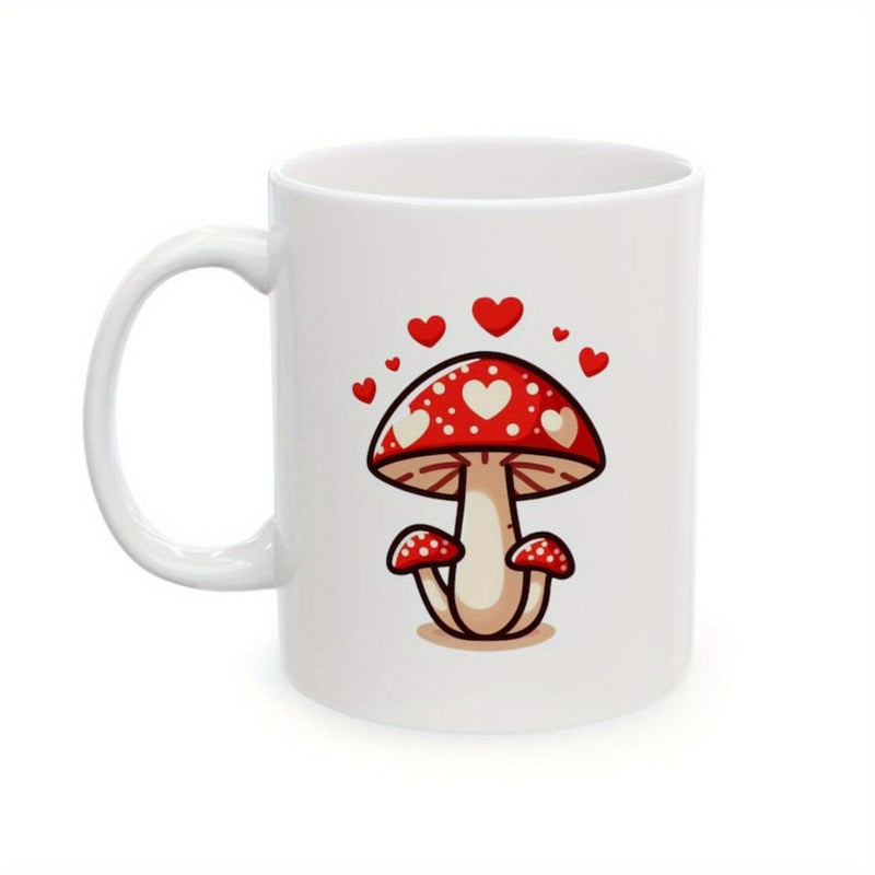 Tailorly White Ceramic 11 oz Mug - Red Cap Mushrooms With White Hearts Surrounded By Floating Tiny Red Hearts Mushroom