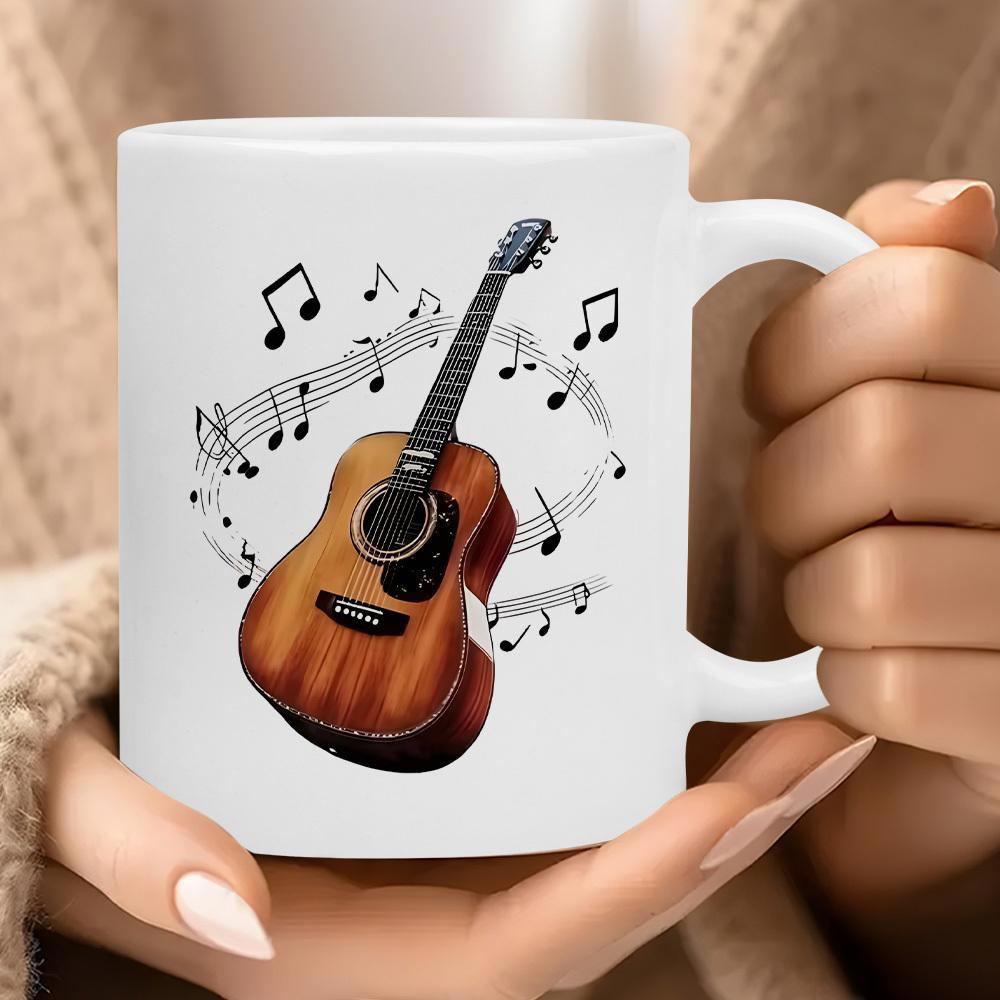 Tailorly White Ceramic 11 oz Mug - Vibrant Acoustic Guitar Surrounded By Flowing Musical Notes And Staff Lines Guitar