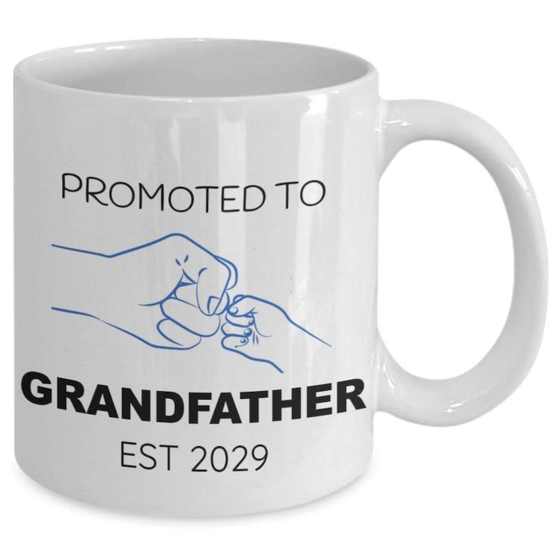 Tailorly White Ceramic 11 oz Mug - Promoted To Grandfather Est 2029 Hand Drawn Style Featuring Adult And Infant Touching Knuckles Symbol Fist Bump