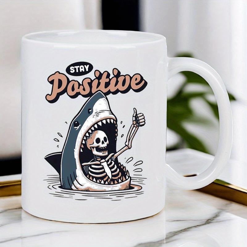 Tailorly White Ceramic 11 oz Mug - Stay Positive Retro Cartoon Shark Emerging From Water With Cheerful Skeleton Shark
