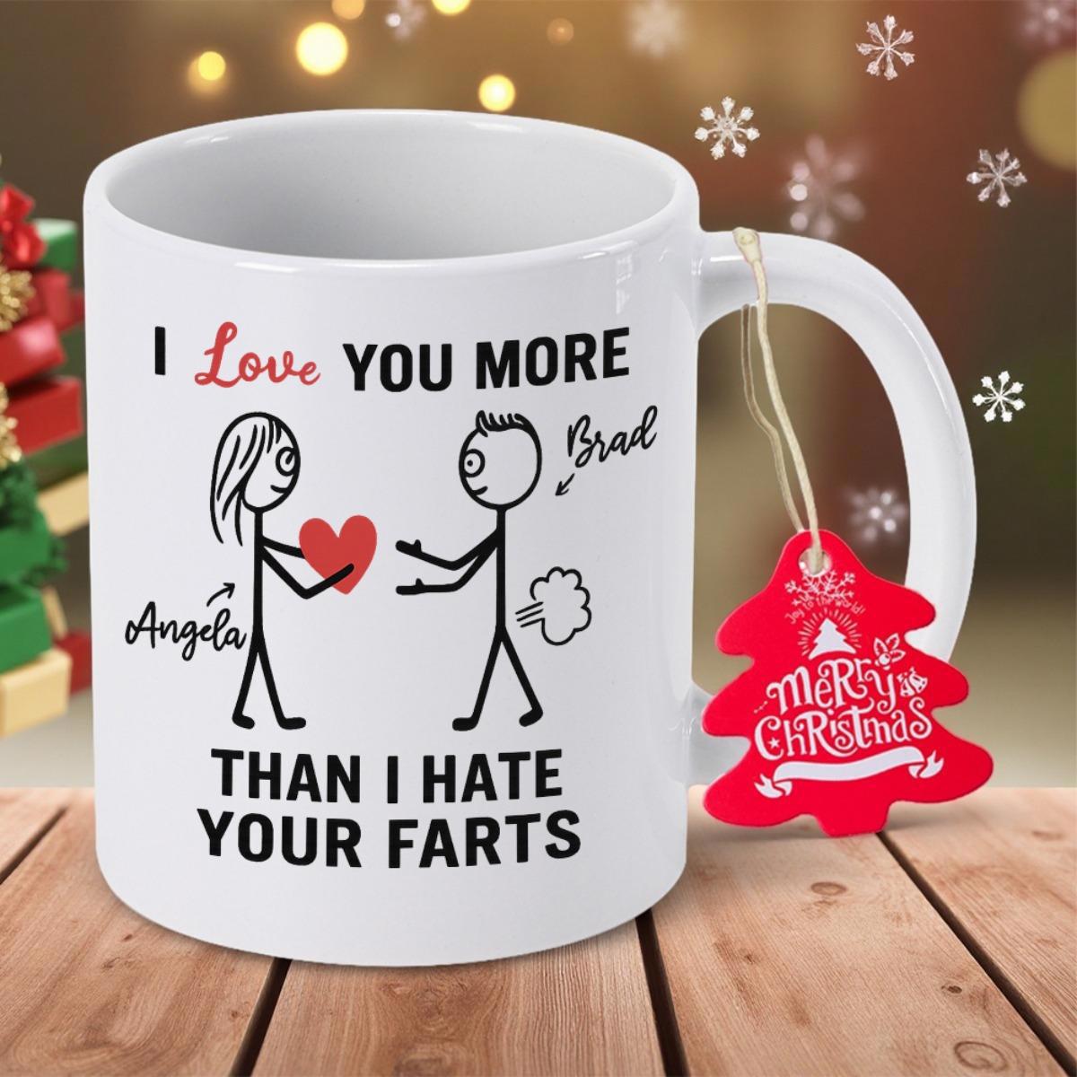 Tailorly White Ceramic 11 oz Mug - I Love You More Than I Hate Your Farts Angela Brad Minimalist Black Line Art Figures Holding A Vibrant Red Heart Together