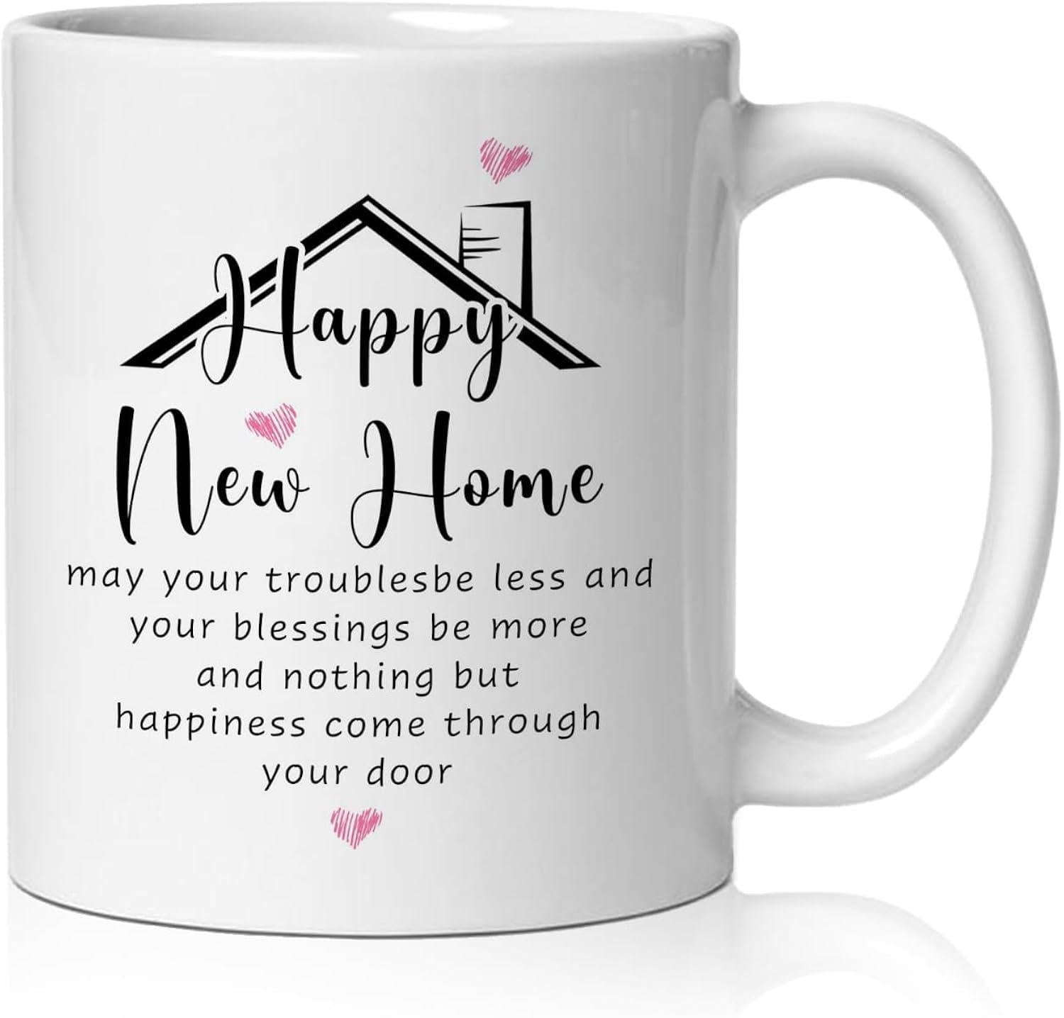 Tailorly White Ceramic 11 oz Mug - Happy New Home May Your Troubles Be Less And Your Blessings Be More Minimalist Black Line Drawing Of A House With Pink Hearts