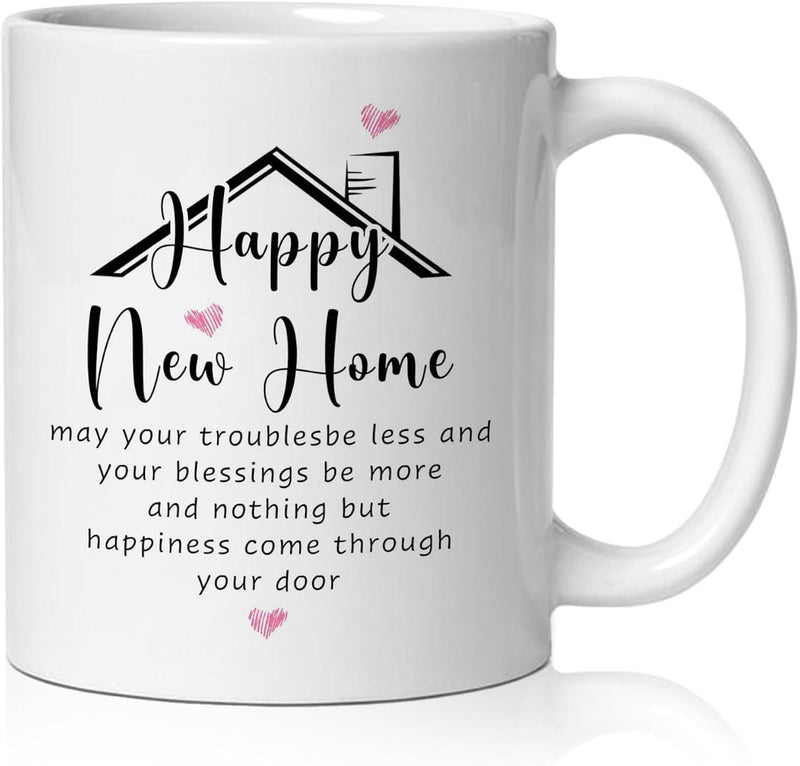 Tailorly White Ceramic 11 oz Mug - Happy New Home May Your Troubles Be Less And Your Blessings Be More Minimalist Black Line Drawing Of A House With Pink Hearts
