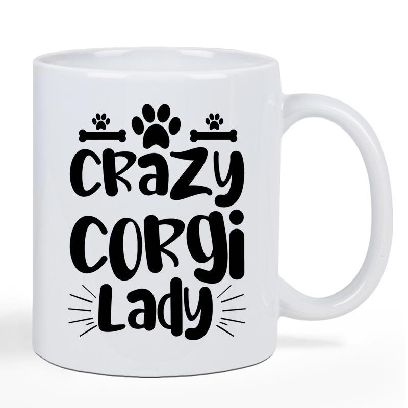 Tailorly White Ceramic 11 oz Mug - Crazy Corgi Lady Decorative Paws With Bones And Artistic Rays On