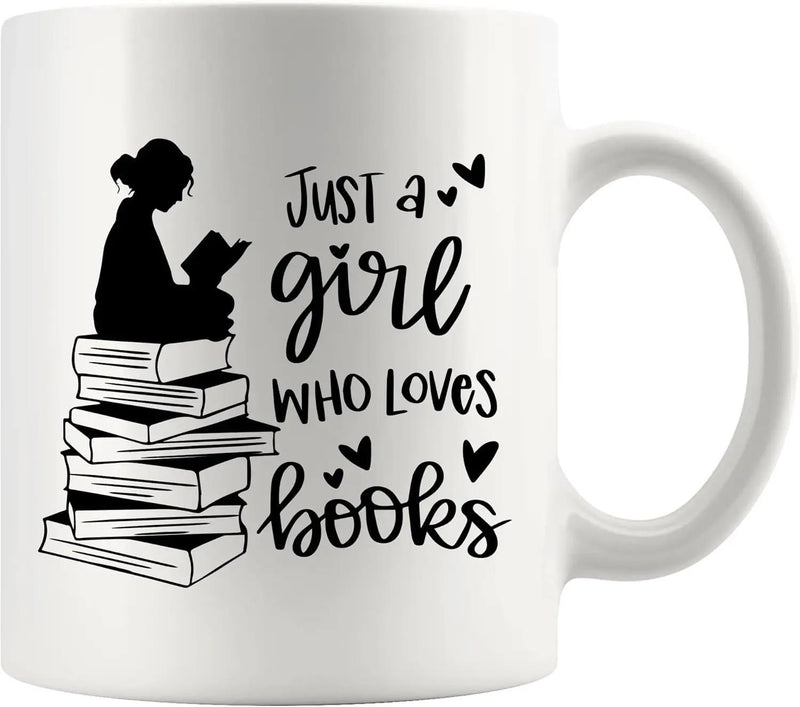 Tailorly White Ceramic 11 oz Mug - Just A Girl Who Loves Books Silhouette Sitting On A Tall Stack Of Books While Reading Girl