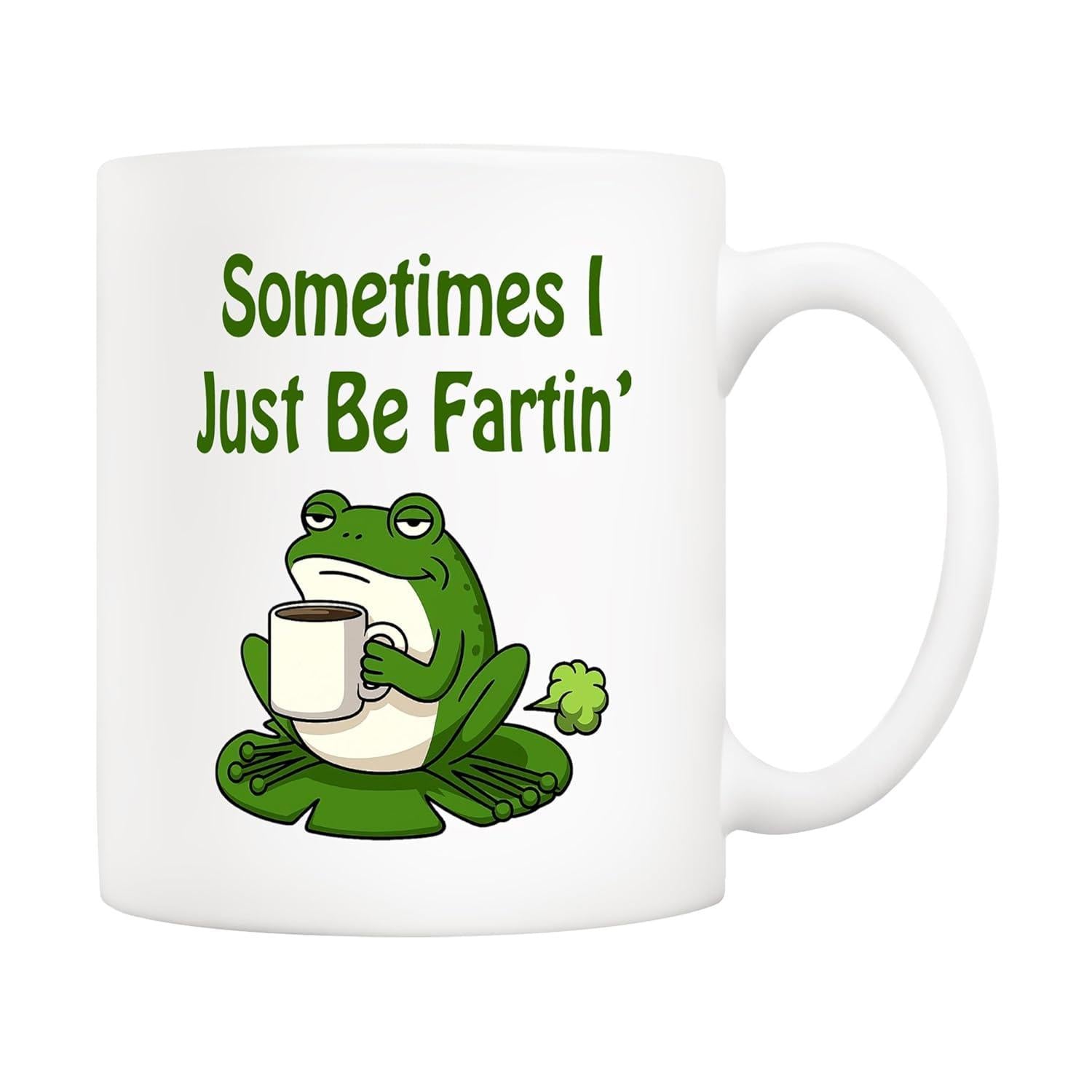 Tailorly White Ceramic 11 oz Mug - Sometimes I Just Be Fartin Grumpy Green Cartoon Frog Holding Coffee Mug On A Lily Pad Frog