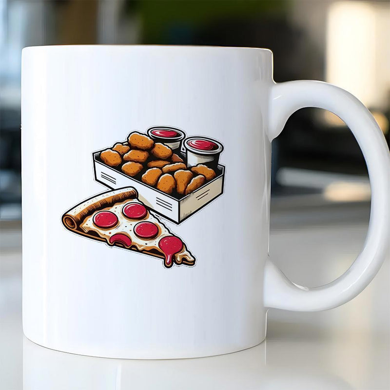 Tailorly White Ceramic 11 oz Mug - Delicious Golden Nuggets In Box Beside Pepperoni Slice With Melted Cheese Pizza