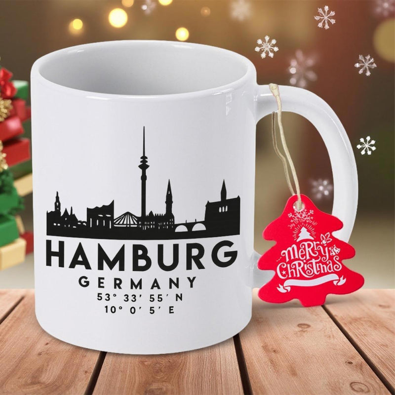 Tailorly White Ceramic 11 oz Mug - Hamburg Germany Minimalist Black Skyline Silhouette Featuring Iconic Landmarks Of Northern German Port Cityscape