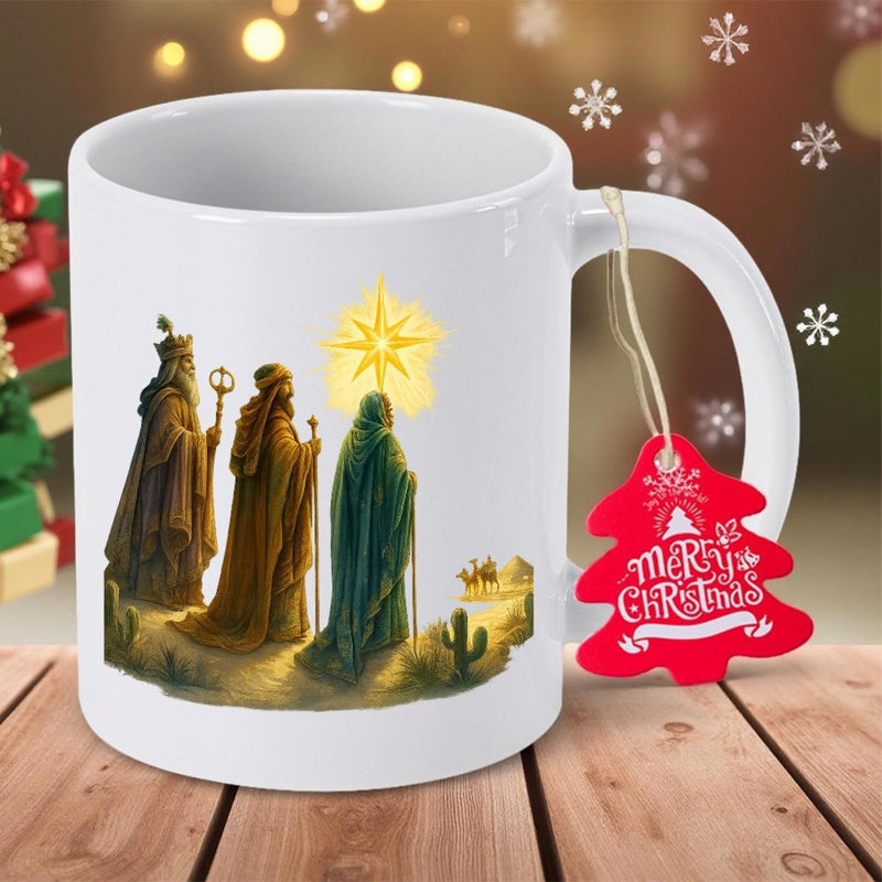 Tailorly White Ceramic 11 oz Mug - Merry Christmas Ancient Figures Walking Through Desert Sands Toward Bright Shining North Star Magi