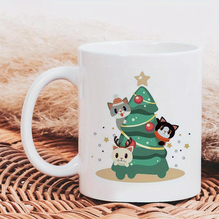 Tailorly White Ceramic 11 oz Mug - Three Adorable Cartoon Cats Wearing Festive Accessories Peeking Around A Decorated Tree