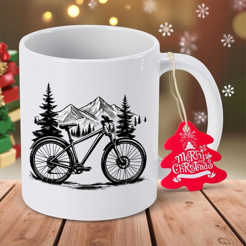 Tailorly White Ceramic 11 oz Mug - Rugged Outdoors Scene With Majestic Peaks And Pine Trees Mountain Bike