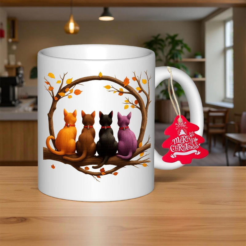 Tailorly White Ceramic 11 oz Mug - Merry Christmas Four Colorful Cats Resting On A Circular Autumn Branch Cat