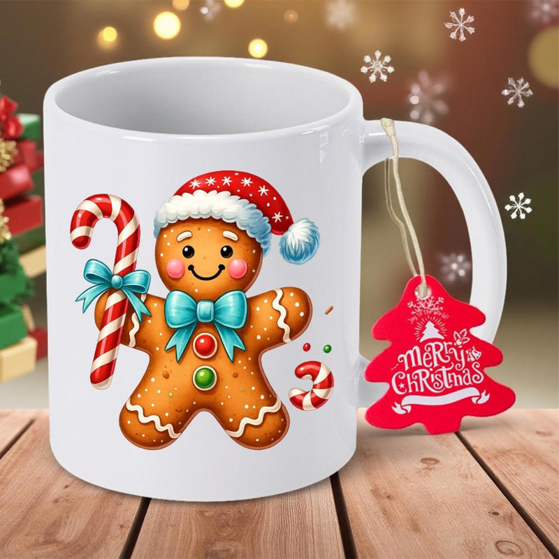Tailorly White Ceramic 11 oz Mug - Merry Christmas Sweet Festive Gingerbread Character Wearing Red Santa Hat Holding Candy Cane Gingerbread Man