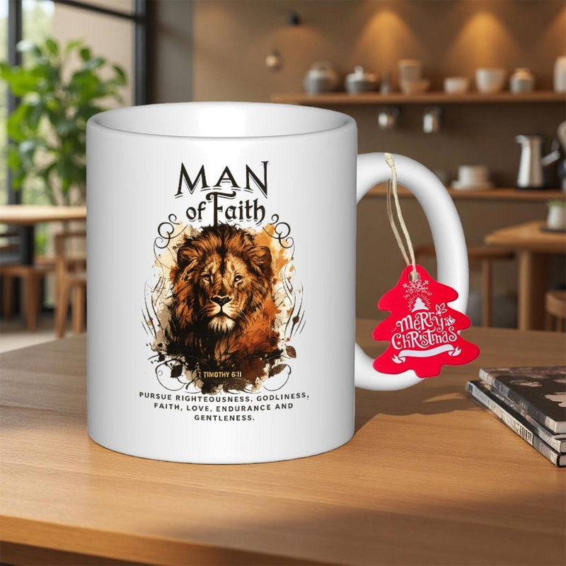 Tailorly White Ceramic 11 oz Mug - Man Of Faith Majestic Golden Mane Surrounded By Intricate Decorative Swirls And Ornate Patterns Lion