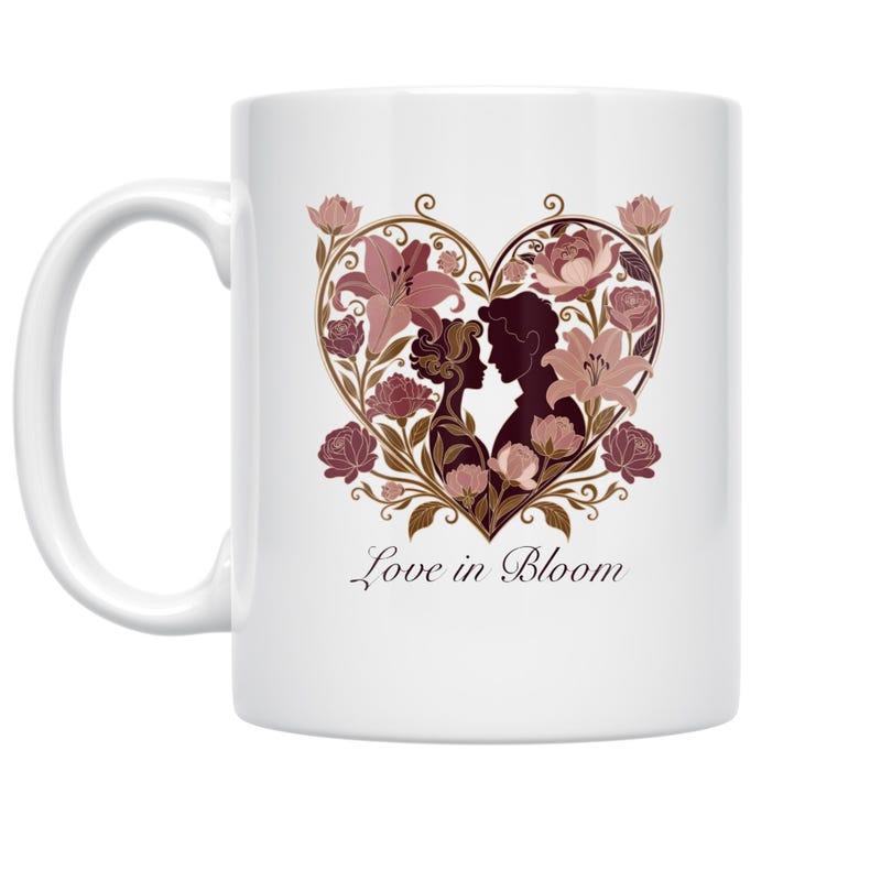 Tailorly White Ceramic 11 oz Mug - Love In Bloom Romantic Silhouettes Among Elegant Blossoms Inside A Large Floral Heart