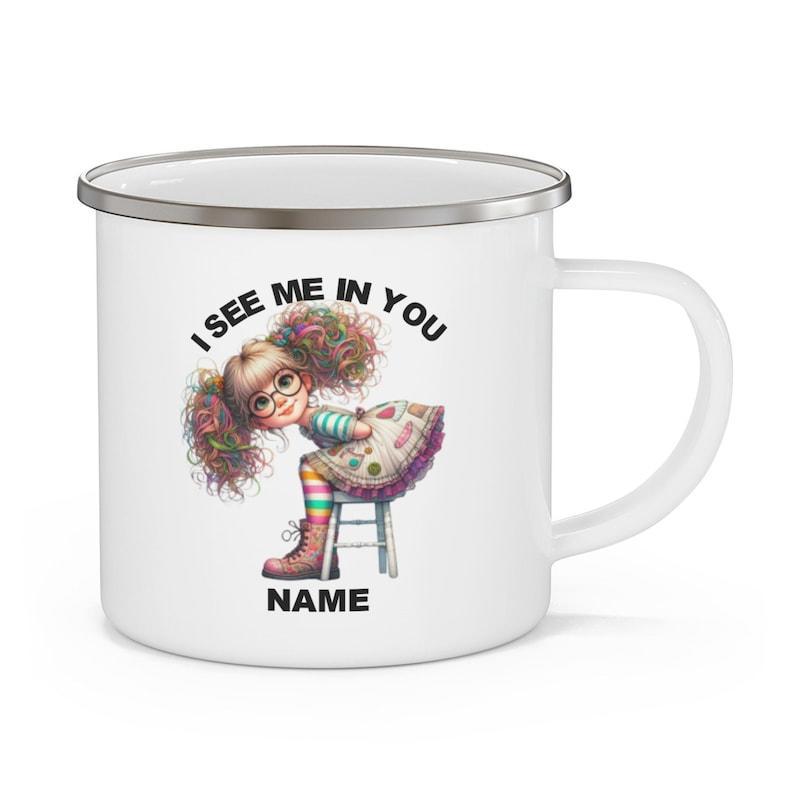 Tailorly White Ceramic 11 oz Mug - I See Me In You Name Whimsical Cartoon Character With Large Messy Pigtails And Glasses Girl