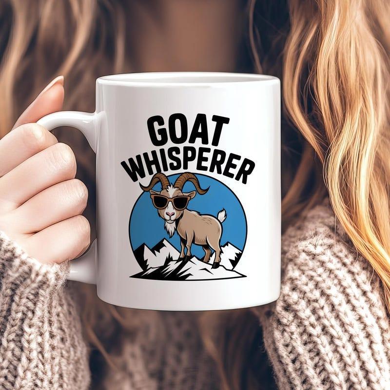 Tailorly White Ceramic 11 oz Mug - Goat Whisperer Cool Cartoon Goat Wearing Sunglasses Standing Among Snowy Mountain Peaks Goat