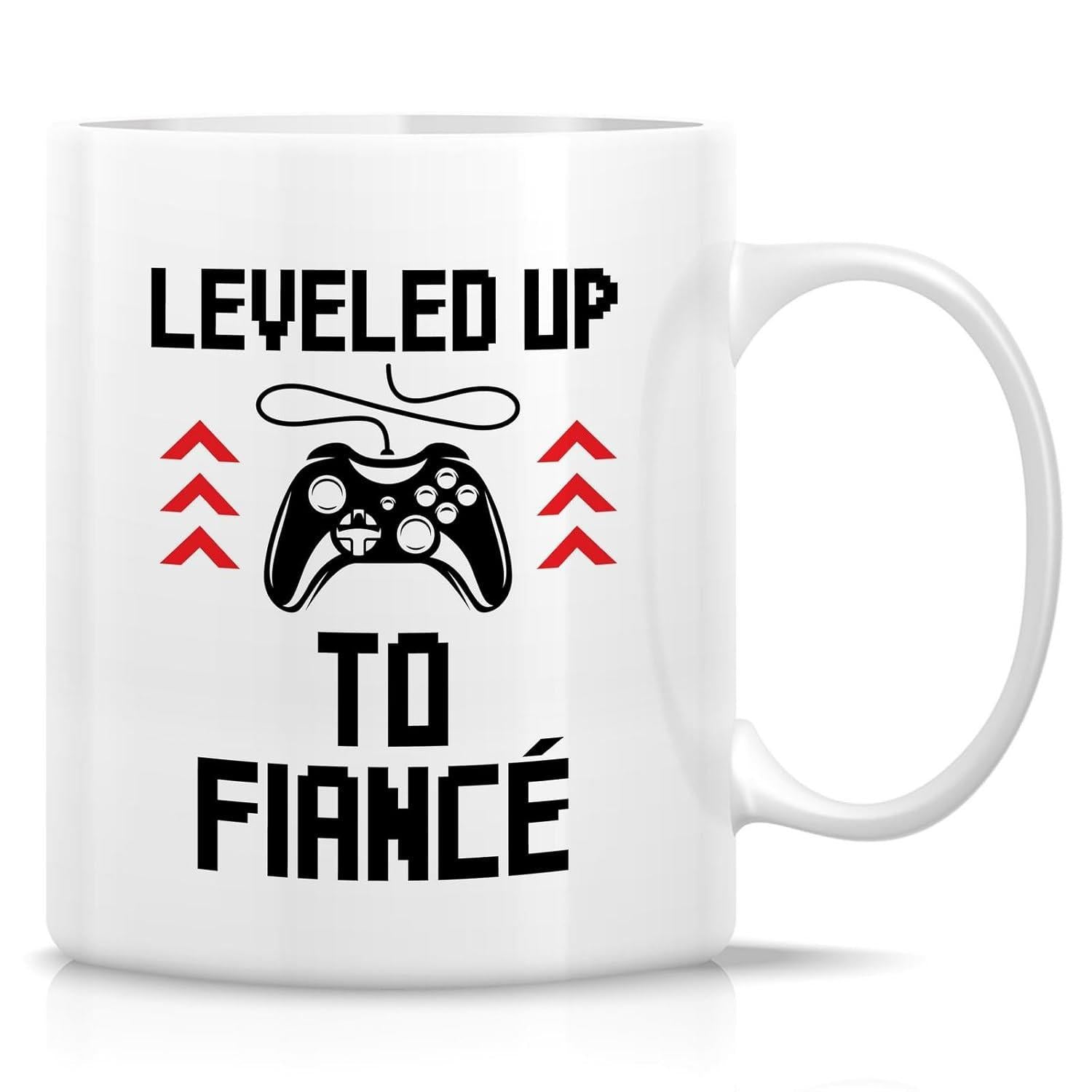 Tailorly White Ceramic 11 oz Mug - Leveled Up To Fiance Retro Pixelated Icons With Red Level Up Arrows And Wired Gamepad Controller