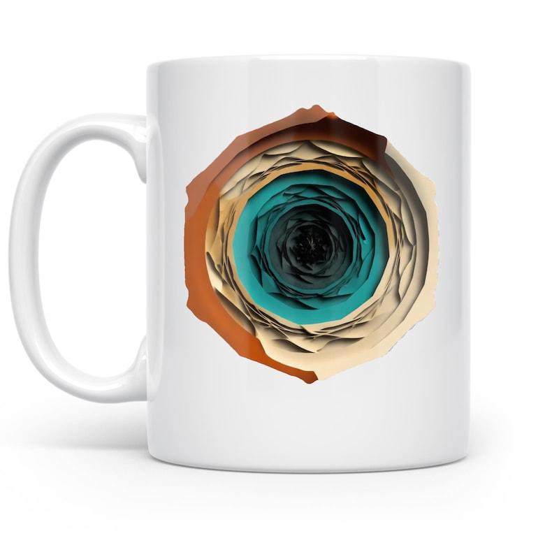 Tailorly White Ceramic 11 oz Mug - Circular Layered Abstract Earthy Brown And Teal Deep Geometric Papercut Hole