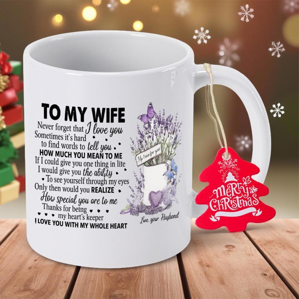 Tailorly White Ceramic 11 oz Mug - To My Wife I Love You How Much You Mean To Me I Love You With My Whole Heart Delicate Purple Lavender Flowers With Gentle Flying