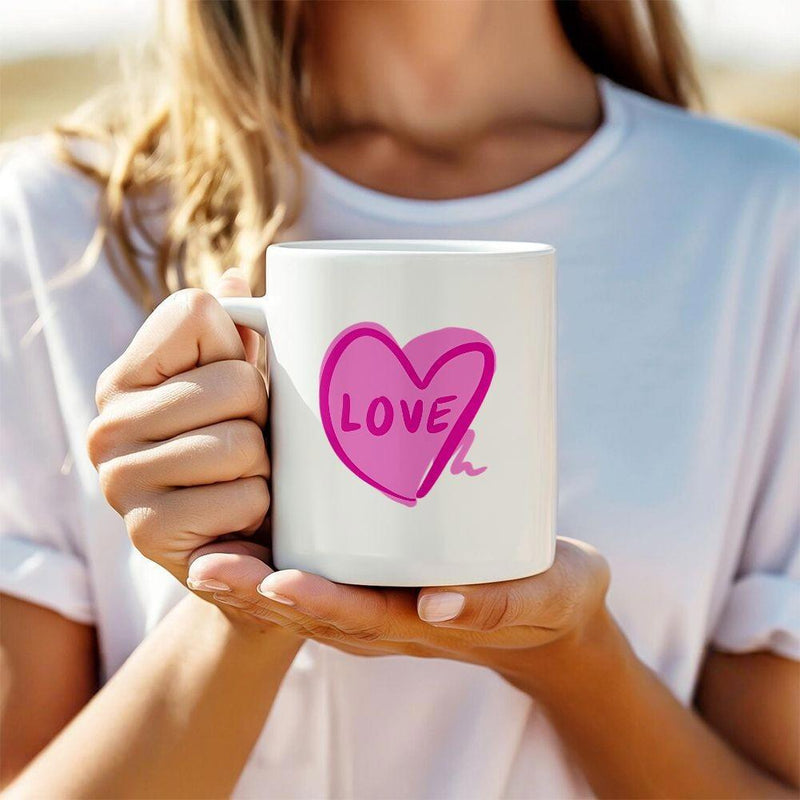 Tailorly White Ceramic 11 oz Mug - Love Simple Pink Hand Drawn Artistic Style Centered Upon A White Background Heart