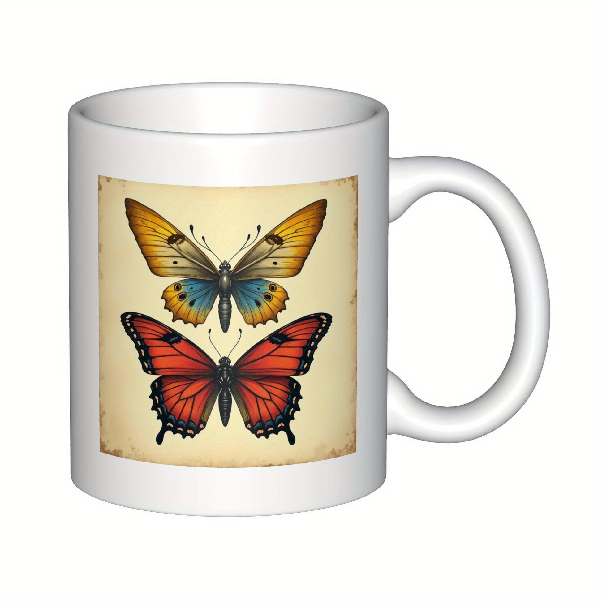 Tailorly White Ceramic 11 oz Mug - Elegant Winged Creatures Resting Peacefully On Aged Paper Texture Canvas Butterfly