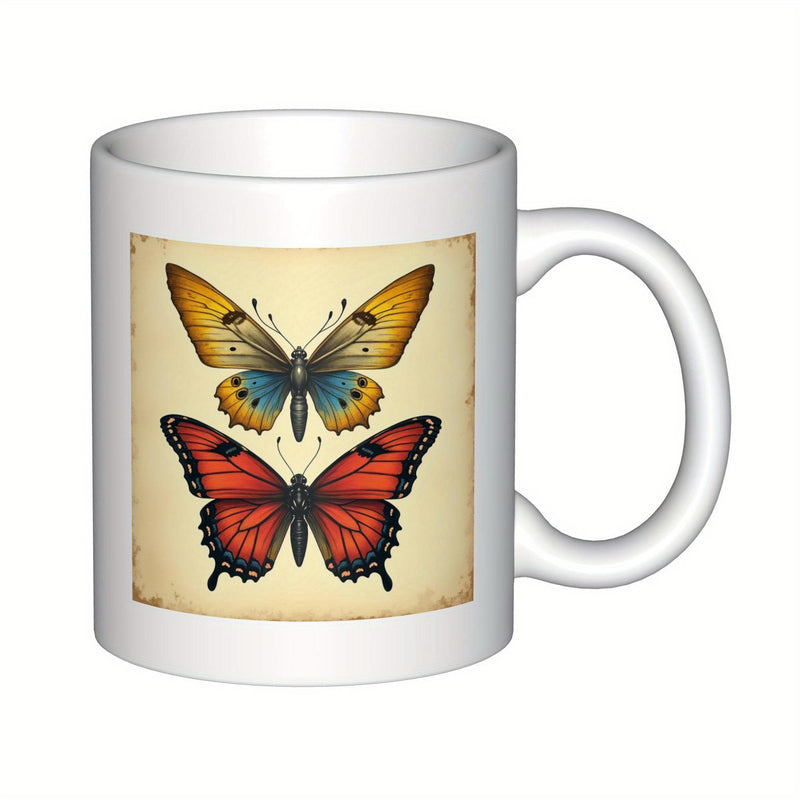 Tailorly White Ceramic 11 oz Mug - Elegant Winged Creatures Resting Peacefully On Aged Paper Texture Canvas Butterfly