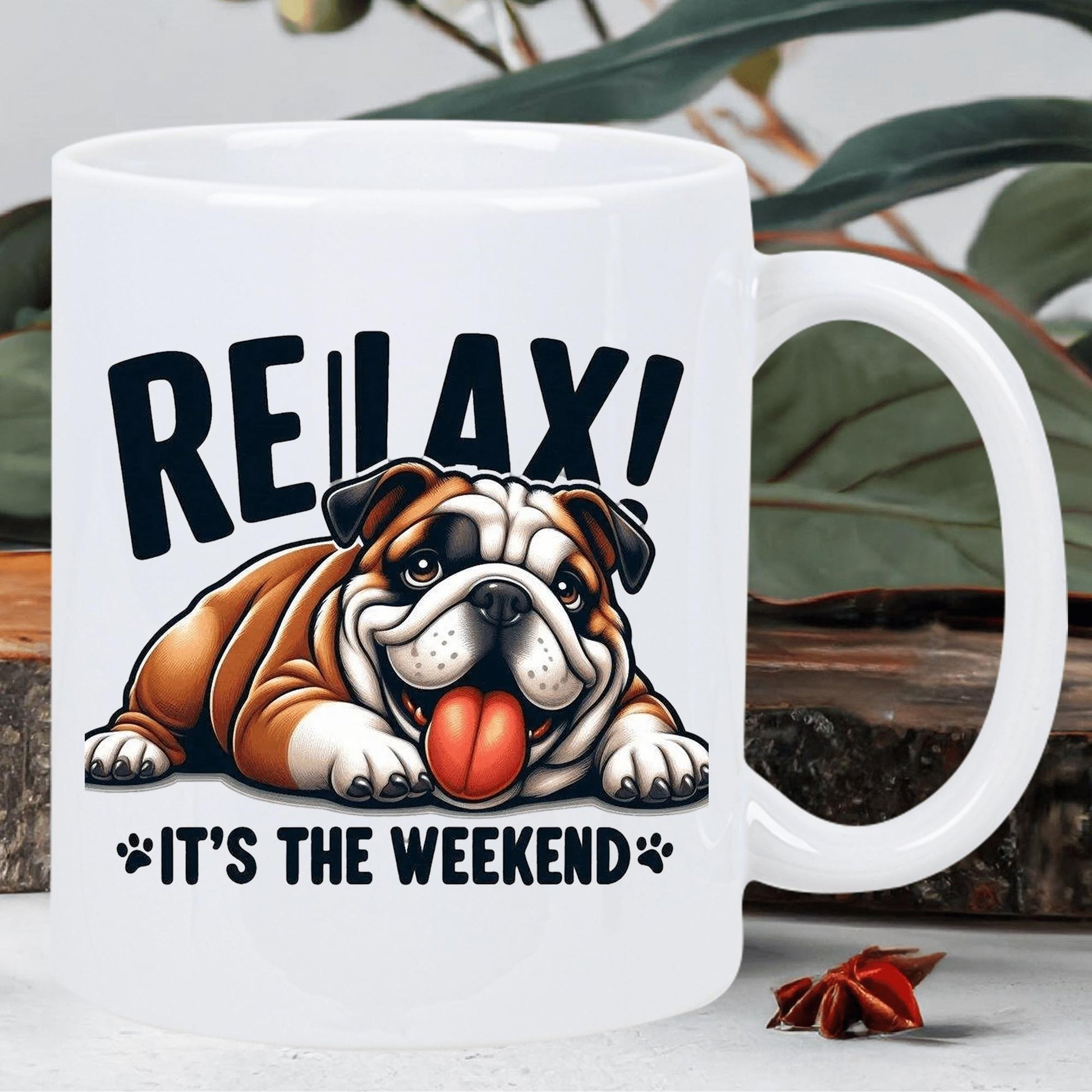 Tailorly White Ceramic 11 oz Mug - Relax Its The Weekend Resting Brown And White English Bulldog Lying Down With Tongue Out Bulldog