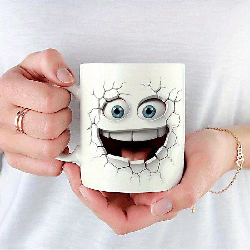 Tailorly White Ceramic 11 oz Mug - Funny Wide Eyed Toothy Grin Bursting Through A Cracked White Wall Face