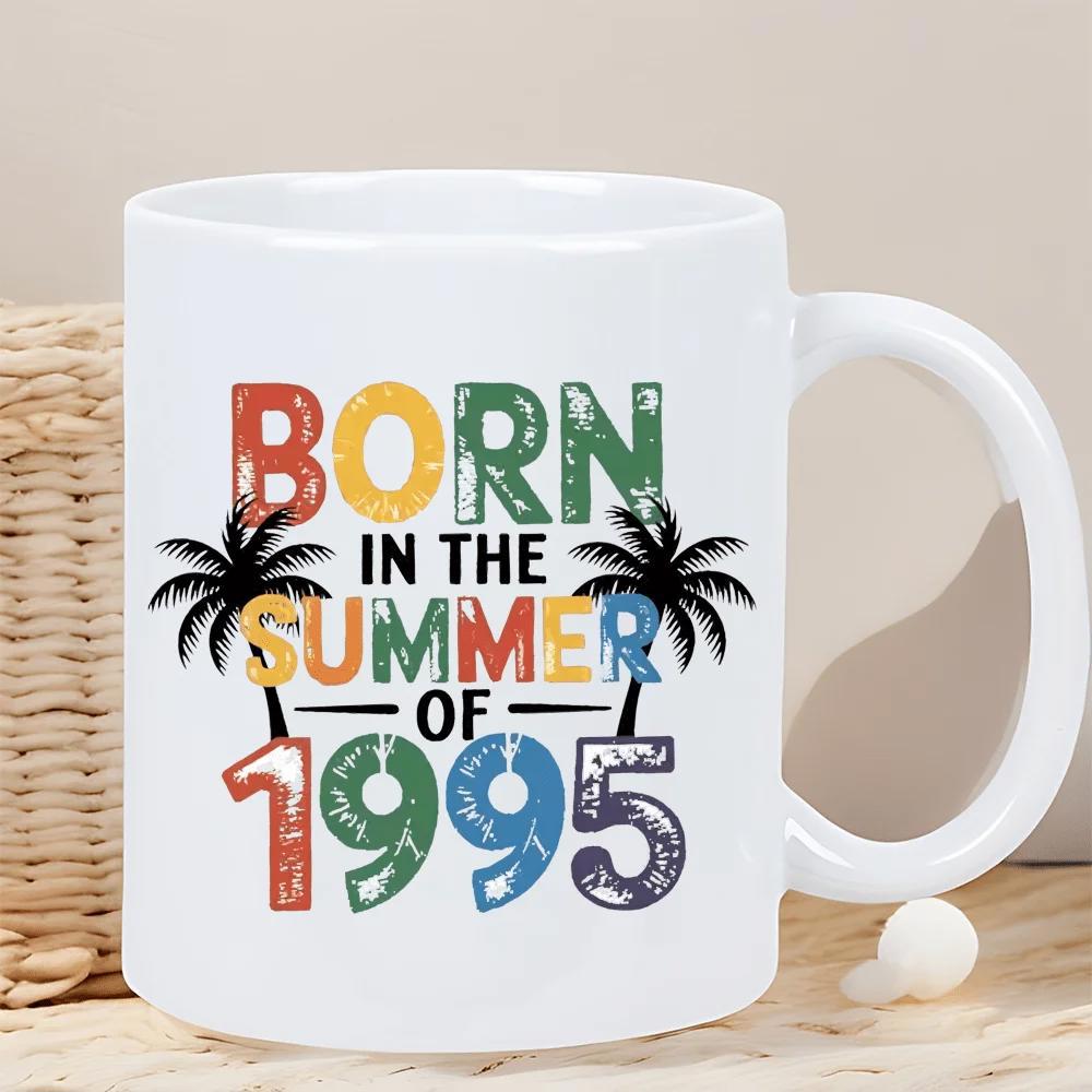 Tailorly White Ceramic 11 oz Mug - Born In The Summer Of 1995 Tropical Silhouette Palm Trees With Distressed Vintage Retro Colorful Textured Mug