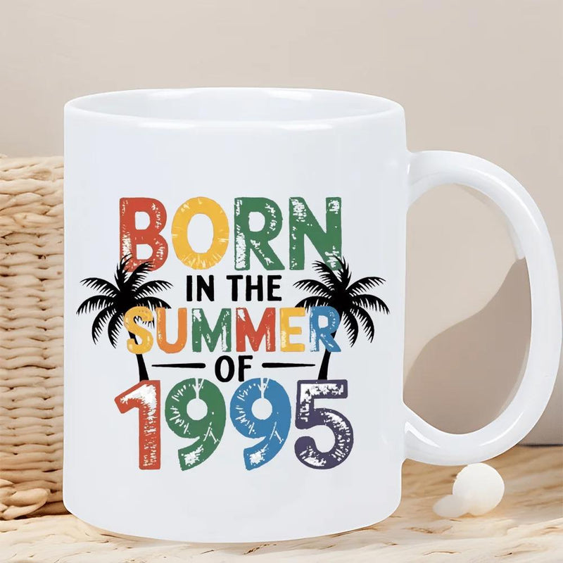 Tailorly White Ceramic 11 oz Mug - Born In The Summer Of 1995 Tropical Silhouette Palm Trees With Distressed Vintage Retro Colorful Textured Mug
