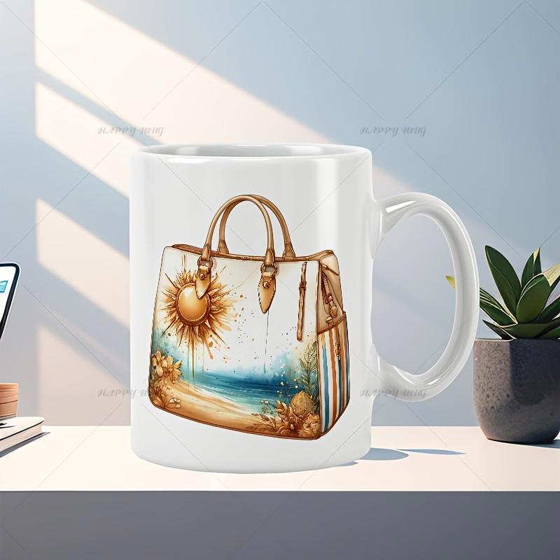 Tailorly White Ceramic 11 oz Mug - Artistic Summer Beach Scene With Radiant Golden Sun And Blue Ocean Waves Handbag