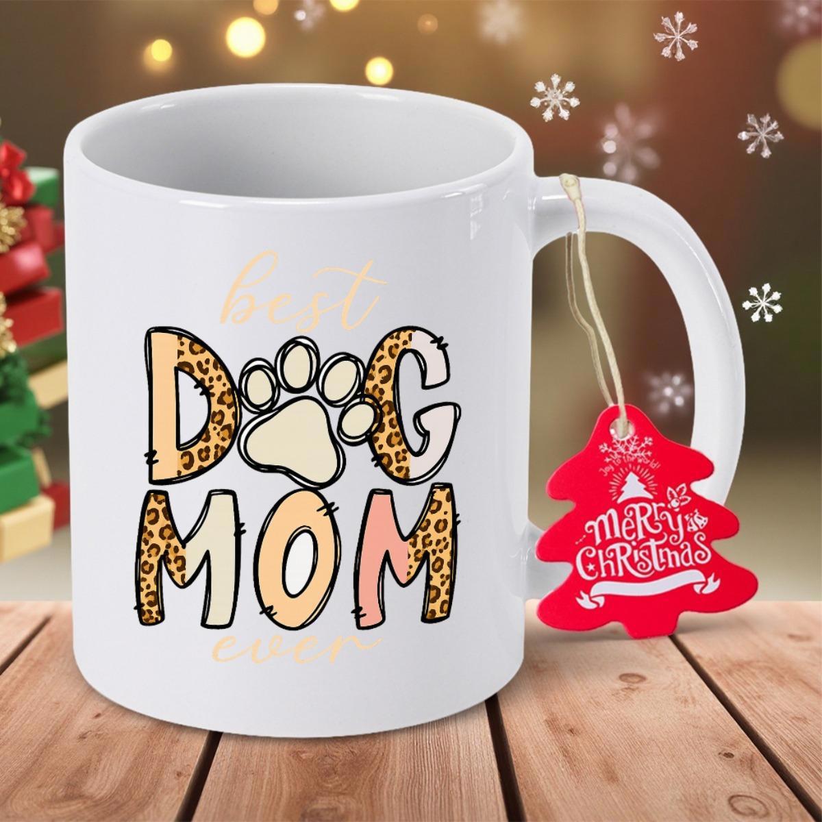 Tailorly White Ceramic 11 oz Mug - Best Dog Mom Ever Stylized Leopard Print Letters Featuring A Central Paw Print Mug
