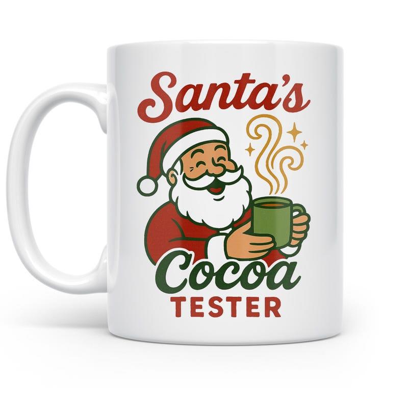 Tailorly White Ceramic 11 oz Mug - Santas Cocoa Tester Jolly Smiling Character Holding Steaming Hot Green Mug Of Cocoa Santa