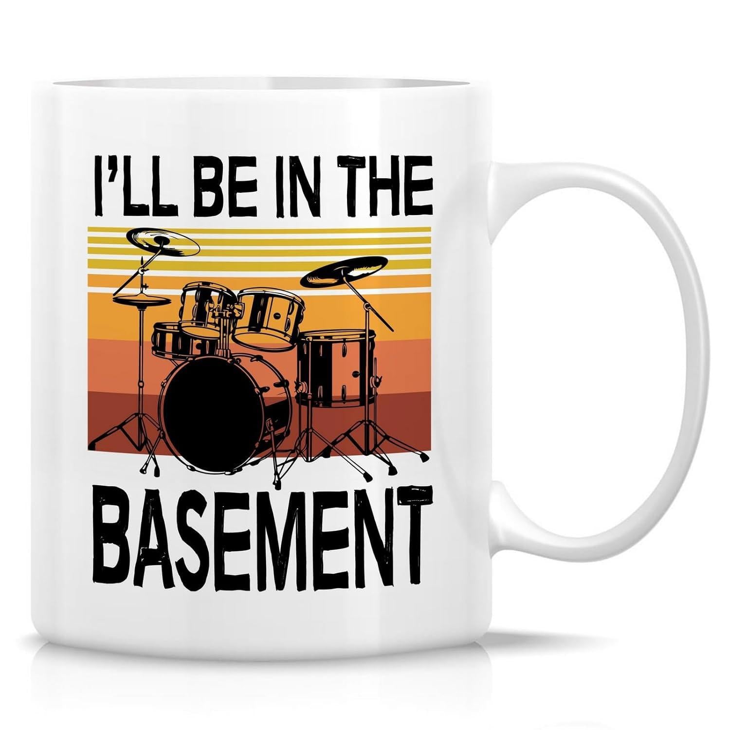 Tailorly White Ceramic 11 oz Mug - Ill Be In The Basement Vintage Style Sunset Stripes Behind A Detailed Musical Percussion Set Drum Set