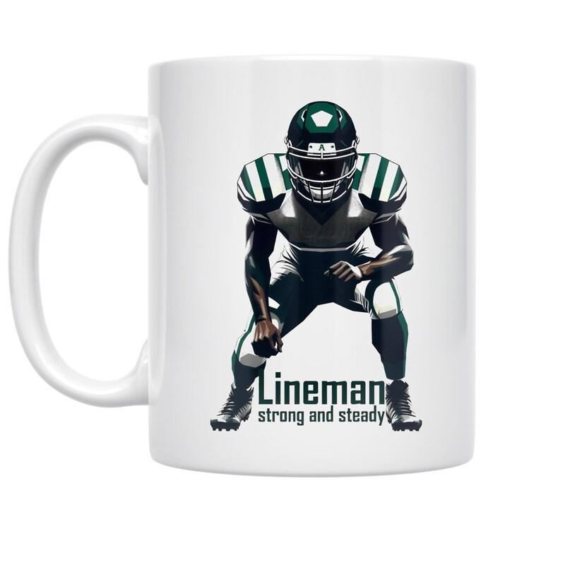 Tailorly White Ceramic 11 oz Mug - Lineman Strong And Steady Athletic American Football Professional Player Wearing Protective Gear In Defensive Stance Player