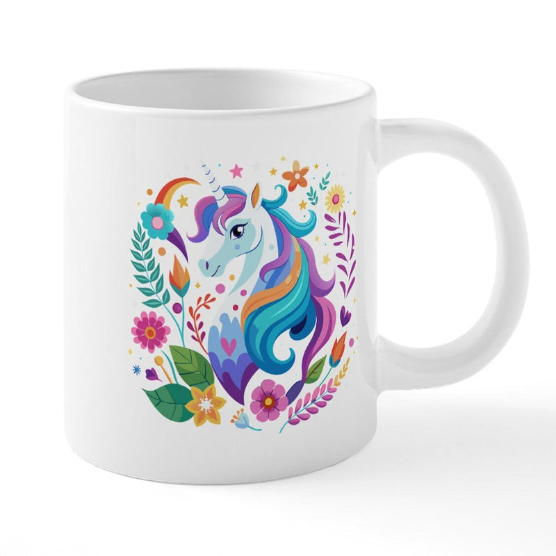 Tailorly White Ceramic 11 oz Mug - Colorful Magical Creature With Flowing Rainbow Mane Among Vibrant Blooming Floral Leaves Unicorn