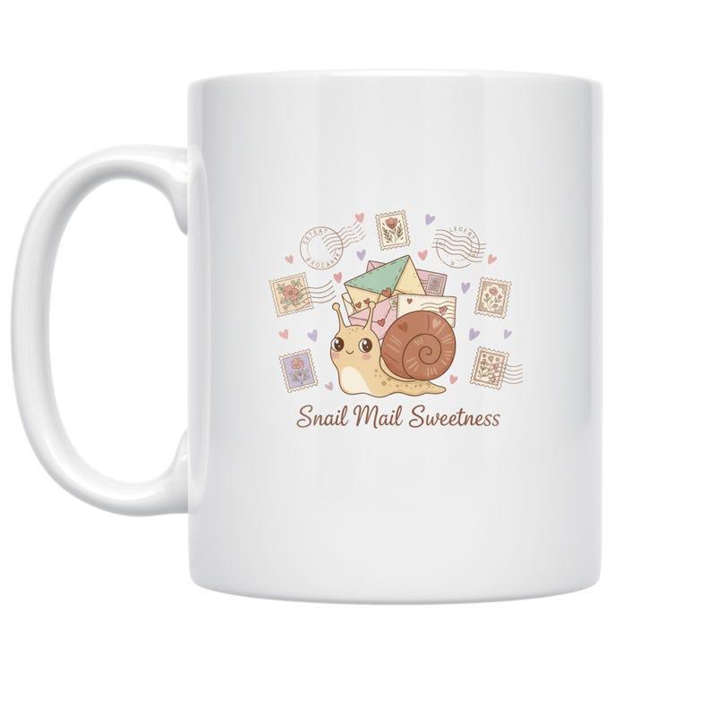 Tailorly White Ceramic 11 oz Mug - Snail Mail Sweetness Adorable Cartoon Snail Carrying Miniature House Surrounded By Floating Envelopes Hearts Snail